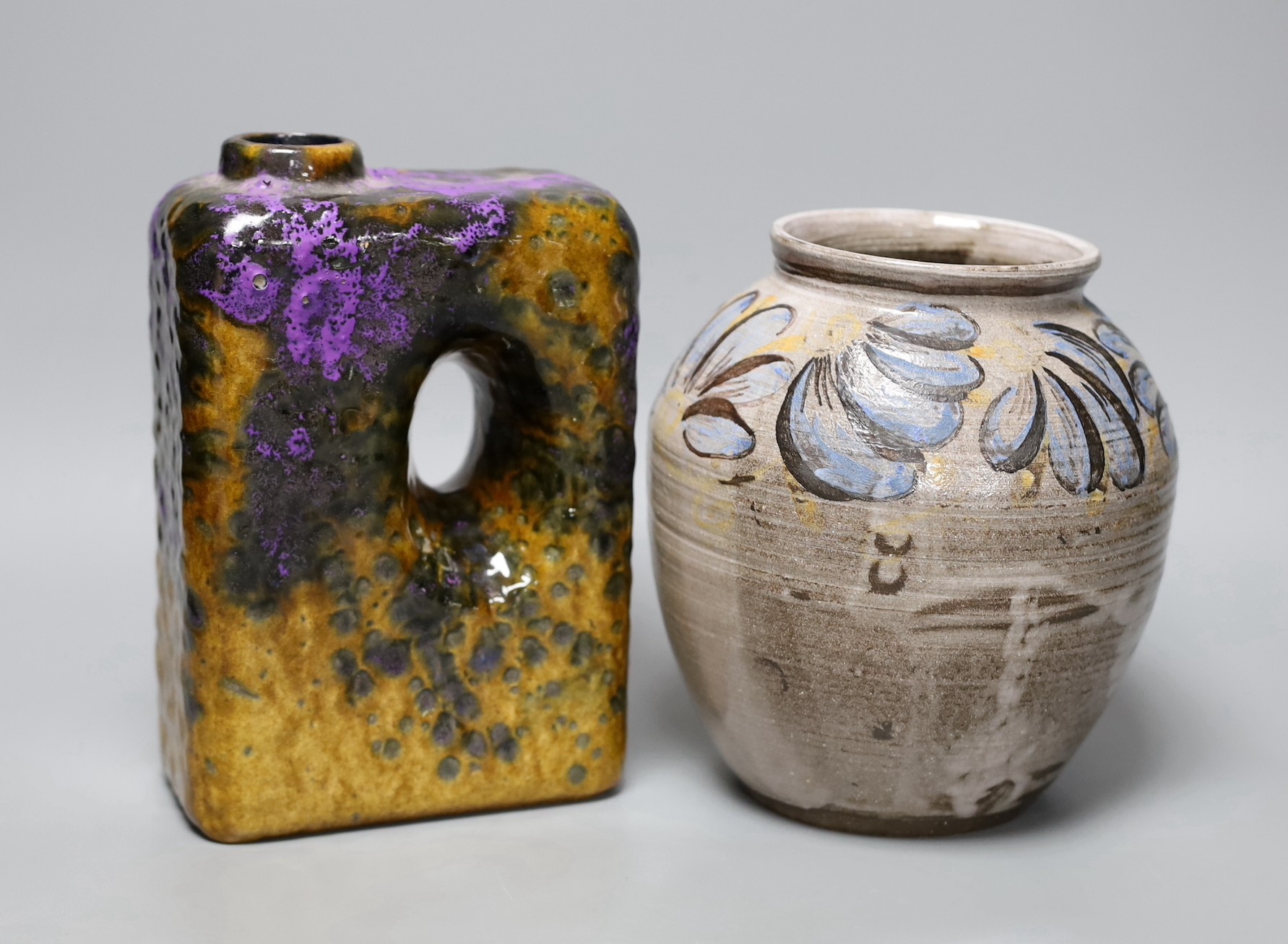 A Donald Tapster limited edition vase, 2/49 and another studio pottery bottle vase, bottle vase 21 cms high
